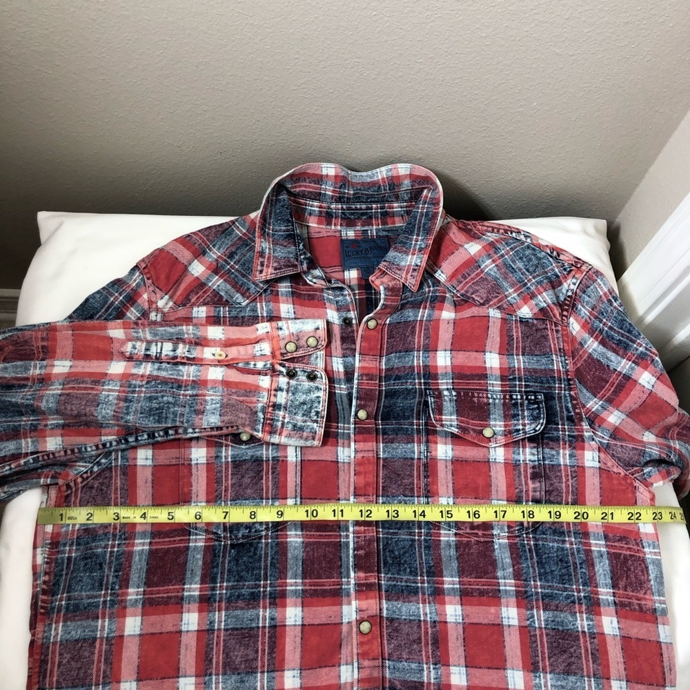Lucky Brand Washed & Worn Cotton Red White Blue Pearl Snap Plaid Shirt  L - Picture 13 of 15